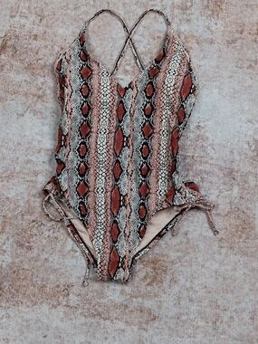 Snakeskin Print One Piece Swimsuit Cut Out Back New